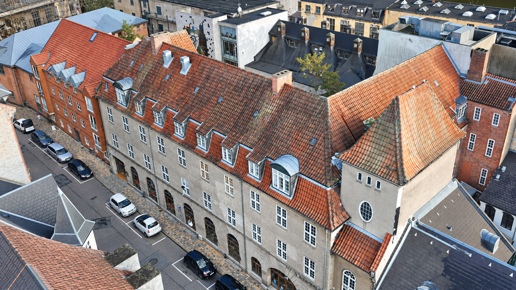 Tekstureret 3D-model af et større bygningsområde