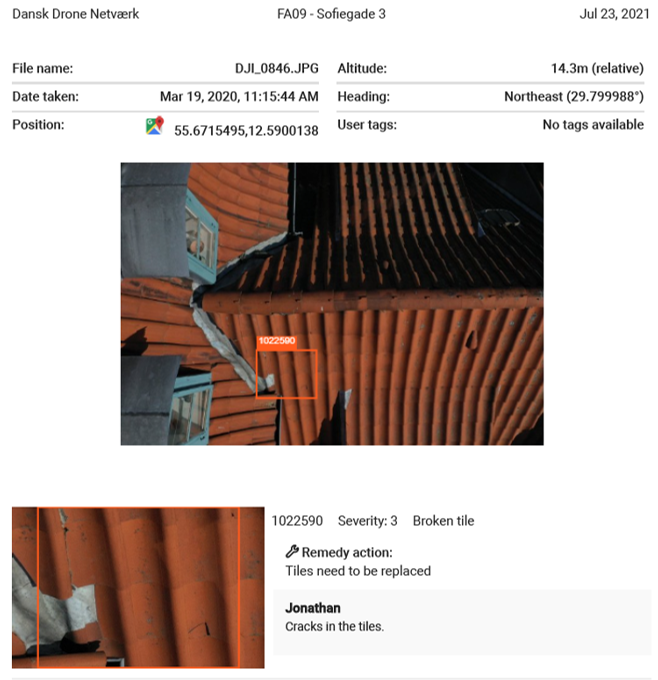 Annoteret inspektionsfoto med registreret skade