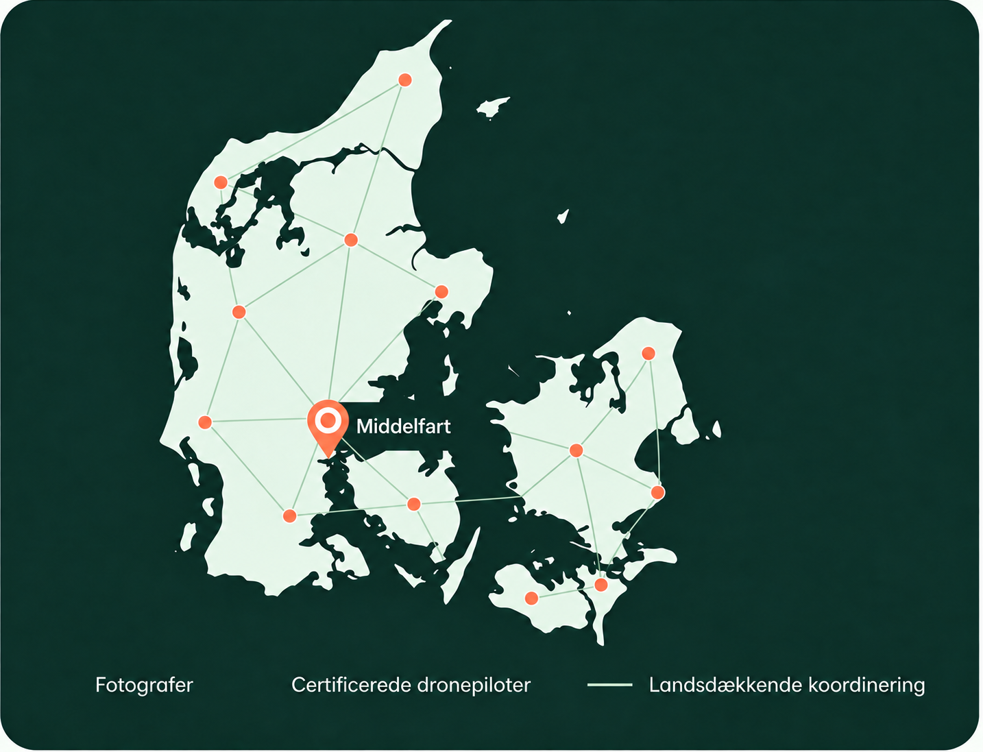 Danmarkskort med Middelfart og et landsdækkende netværk af certificerede dronepiloter